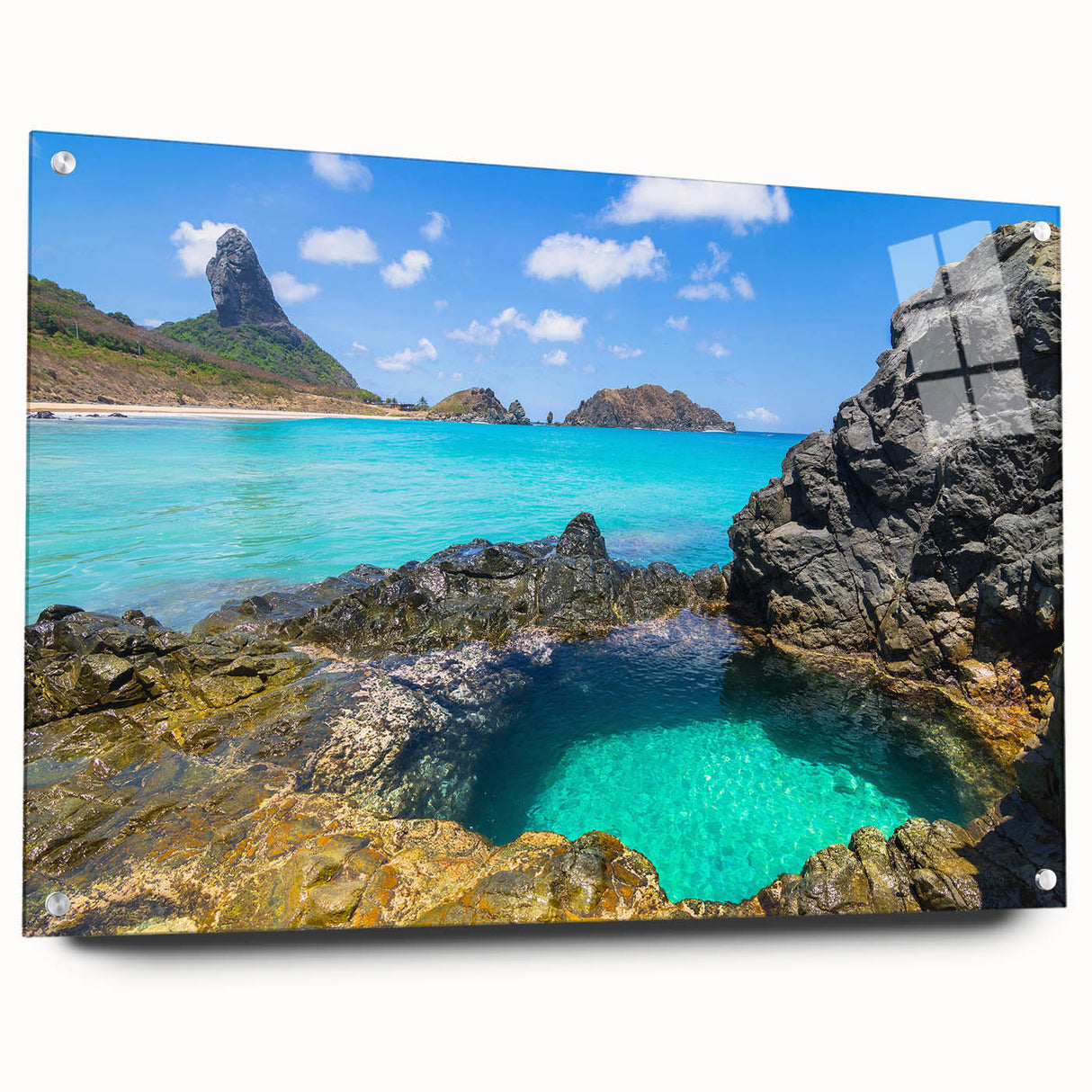 Large abstract wall art of a Brazilian landscape in vibrant greens and blues on acrylic glass.