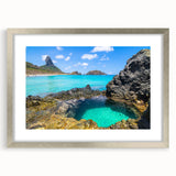 Textured abstract art print of a stylized Brazilian landscape in earth tones on a framed silver mat.