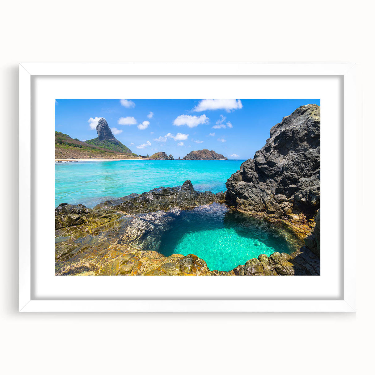 Abstract art print of a Brazilian landscape in muted earth tones on a white-framed canvas, suitable for dining room decor.