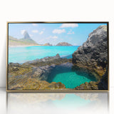 Framed acrylic print of a mid-century modernist Brazilian landscape, featuring earthy and green tones.