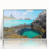 Art deco poster of Brazilian landscape in muted greens and blues on white framed acrylic, suitable for modern nursery decor.