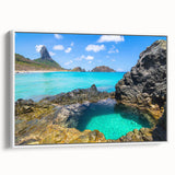 Vintage poster art of a Brazilian landscape in vibrant colors on a white framed canvas, ideal for living room decor.