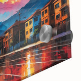 Large abstract wall art featuring a mid-century modernist design of Colombian scenery in vibrant colors on acrylic glass.