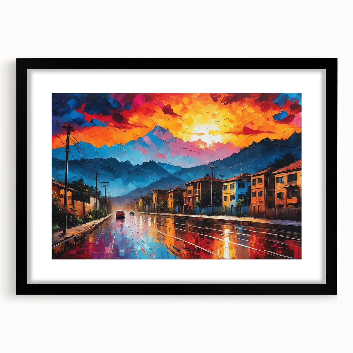 Extra large abstract art print of a colorful, textured Colombian landscape on a black framed canvas.