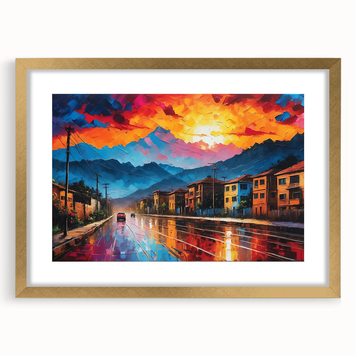 Extra large abstract art print of a textured Colombian landscape in muted earth tones, framed in gold.