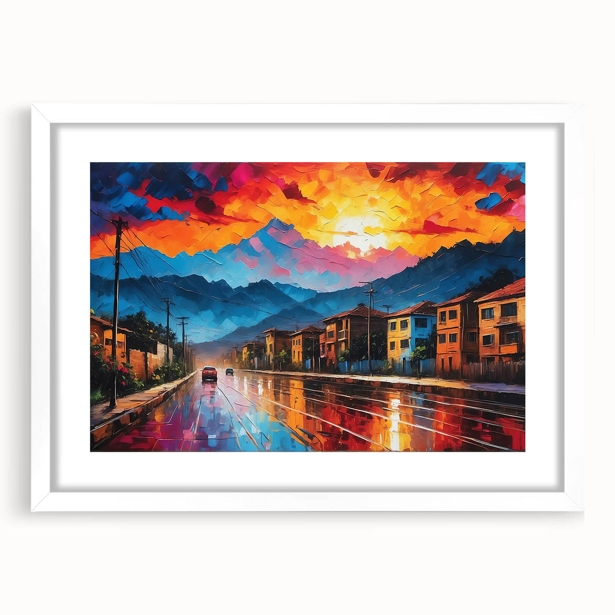 Abstract art print of a Colombian landscape in soft earth tones on a framed white canvas, suitable for dining room decor.