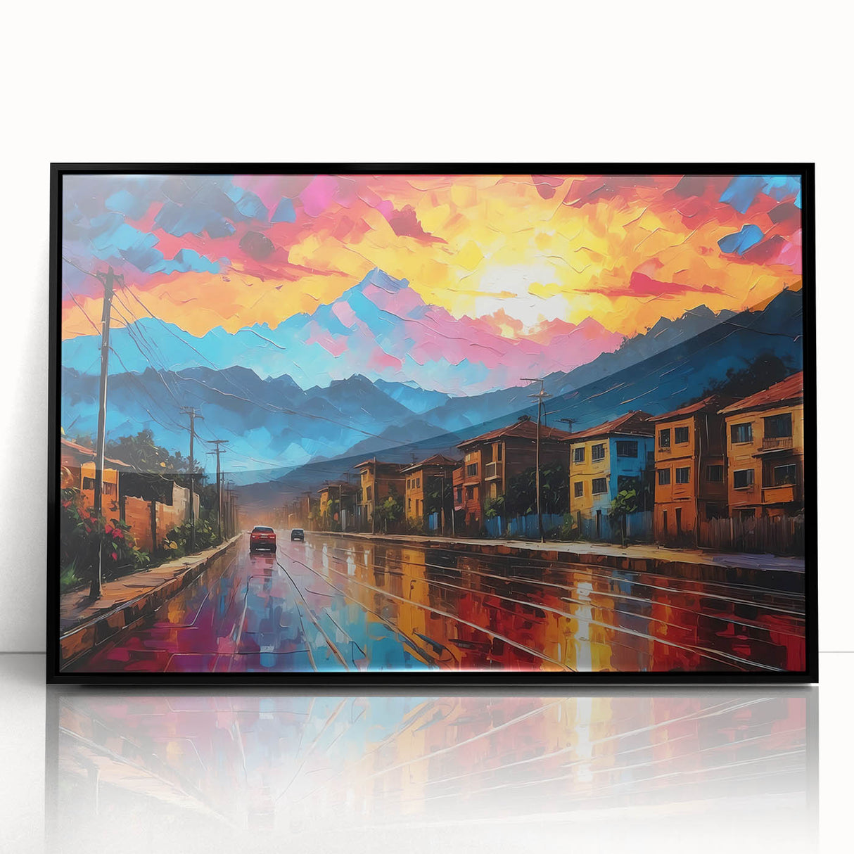 Large abstract wall art featuring a vibrant Colombian landscape in mid-century modernist style, acrylic print in black frame.