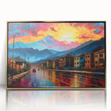 Large art print of a Colombian landscape in mid-century modernist style, with gold frame, suited for modern art wall decor.