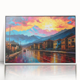 Acrylic print of a modern art wall decor featuring a stylized Colombian landscape in art deco style.