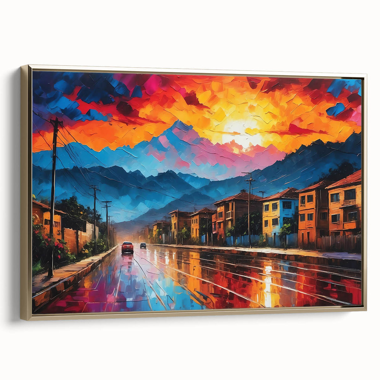 Framed canvas featuring a vintage-style landscape painting of a Colombian scenery in gold and black tones.