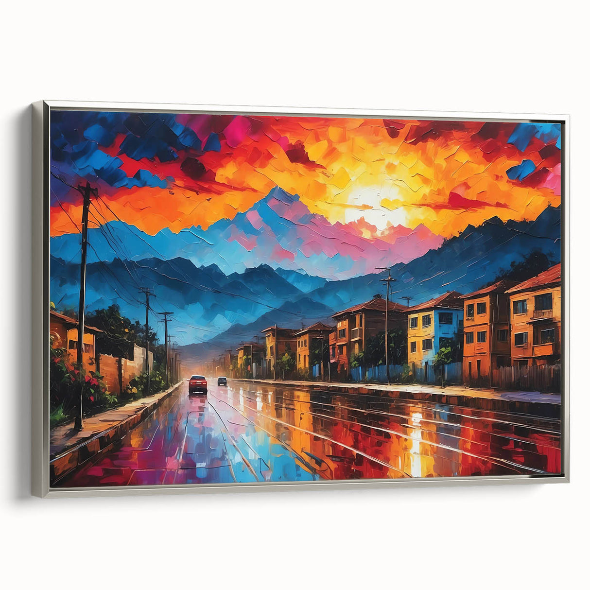 Framed canvas landscape art painting depicting a colorful Colombian village scene, ideal for enhancing a living room's decor.