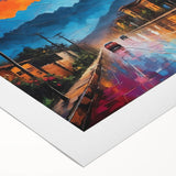 Art deco poster of a Colombian landscape in muted earth tones on rolled canvas, suitable for dining room wall art.