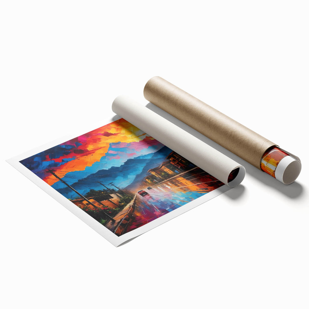 Extra large rolled print of a Colombian landscape, featuring vibrant floral elements, ideal for classy bathroom wall art.