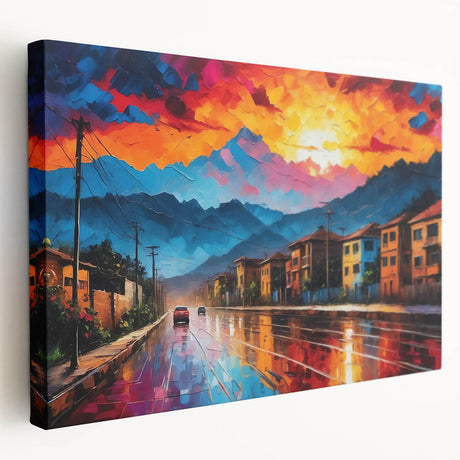 Large stretched canvas featuring a vibrant scenery of Colombian landscape, ideal for kitchen wall art.