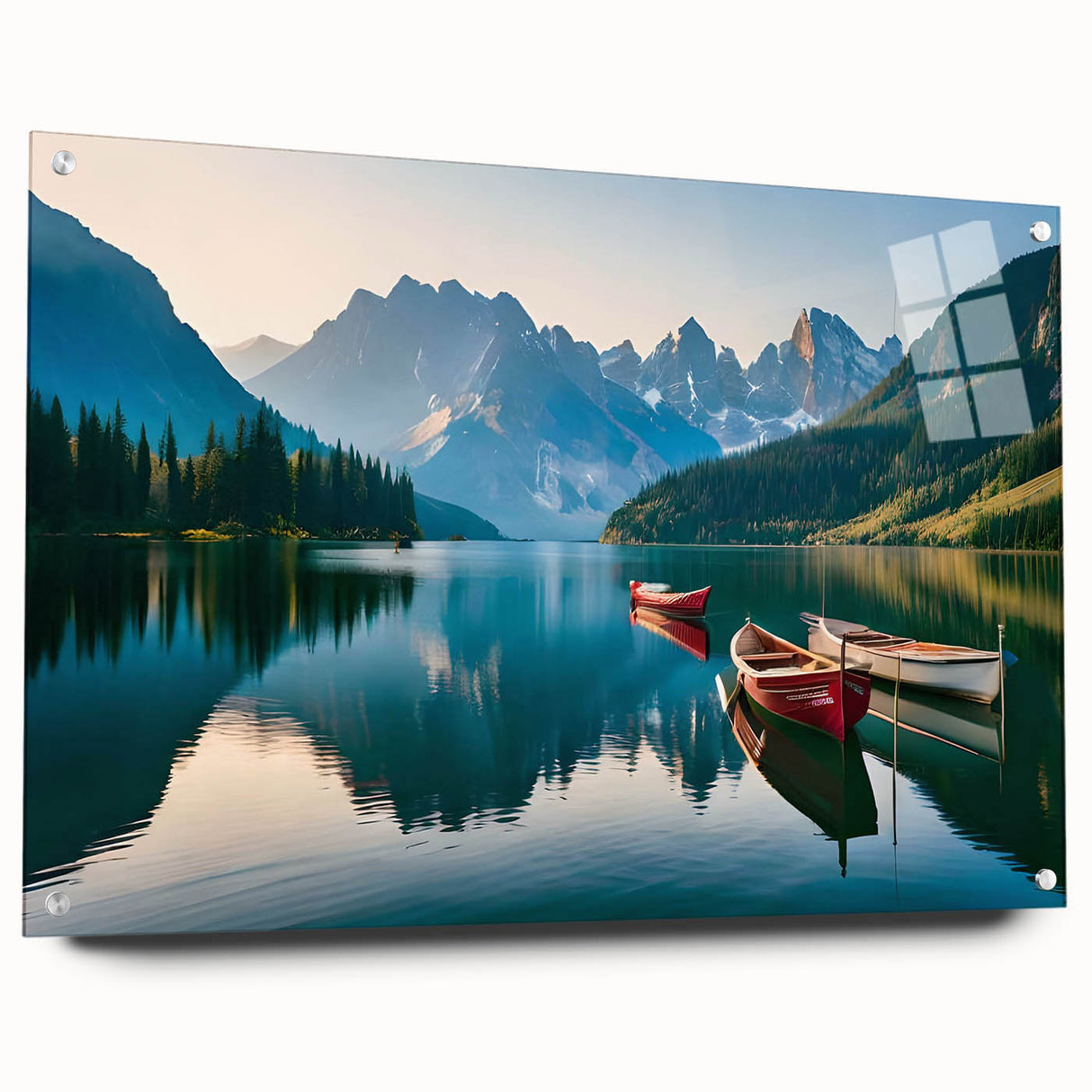 Acrylic print of an abstract Alaskan landscape in cool blue and white tones, suitable for bedroom or dining room decor.