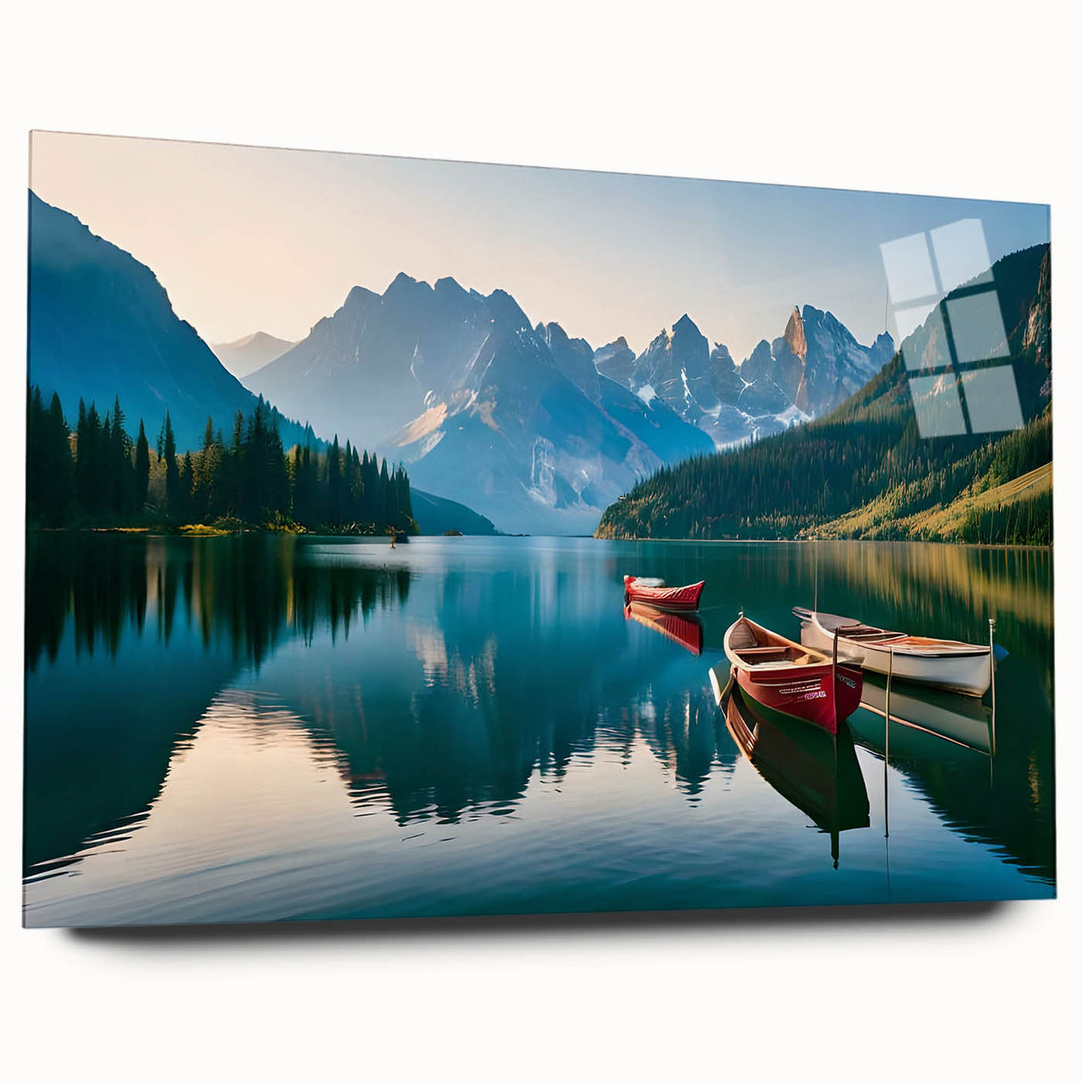 Large abstract depiction of Alaska scenery on acrylic glass, using cool blue and gray tones.