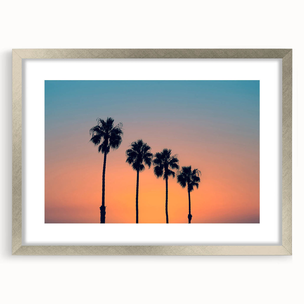 Textured abstract art print depicting San Diego scenery in cool blue tones, framed in silver, ideal for bedroom decor.
