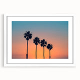 Abstract art print of San Diego skyline in muted blue and gray tones, framed with a white mat, ideal for dining room decor.