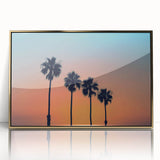 Large art print of San Diego scenery in mid-century modernist style, framed in gold acrylic.