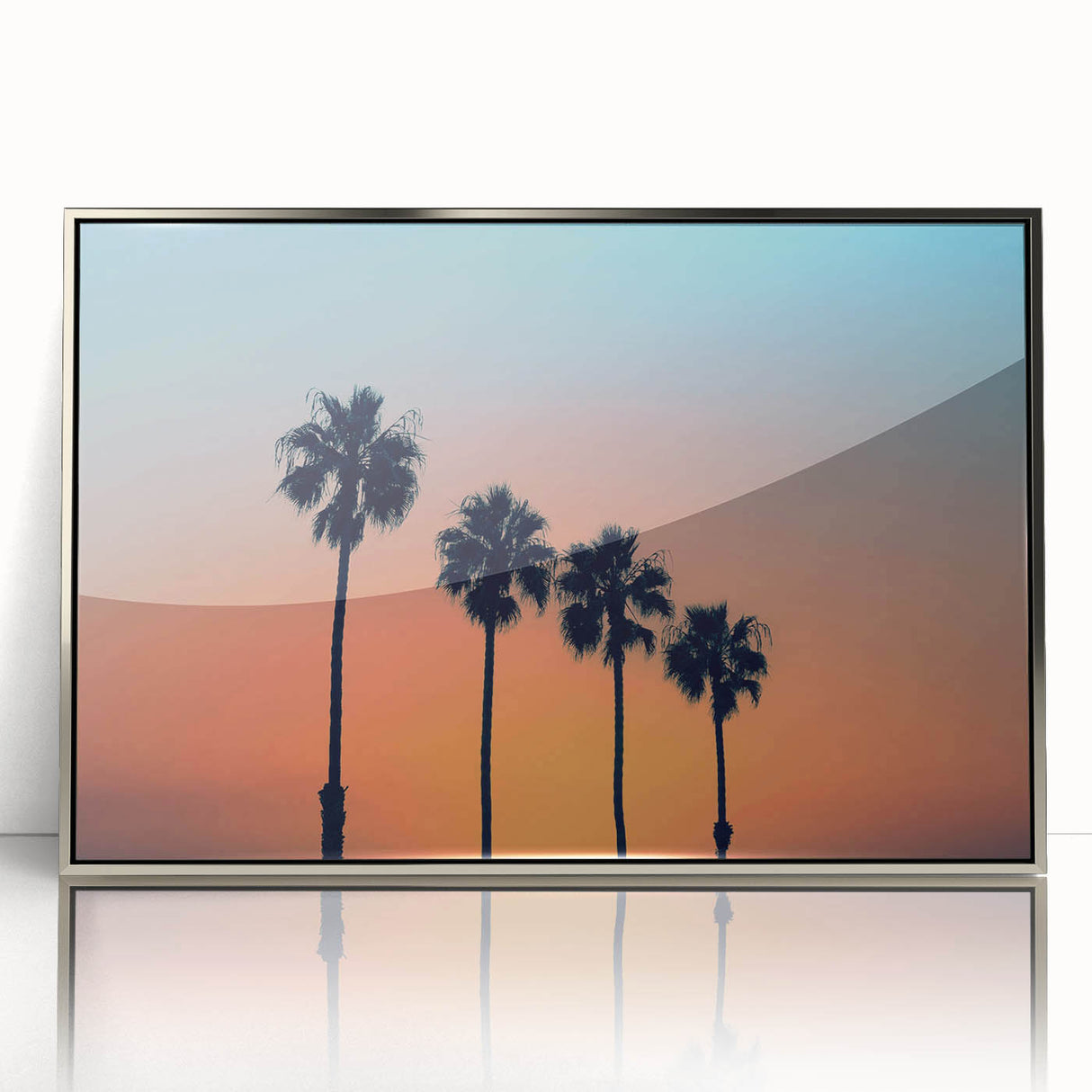 Mid-century modernist art depicting San Diego scenery in muted tones on a silver-framed acrylic print.