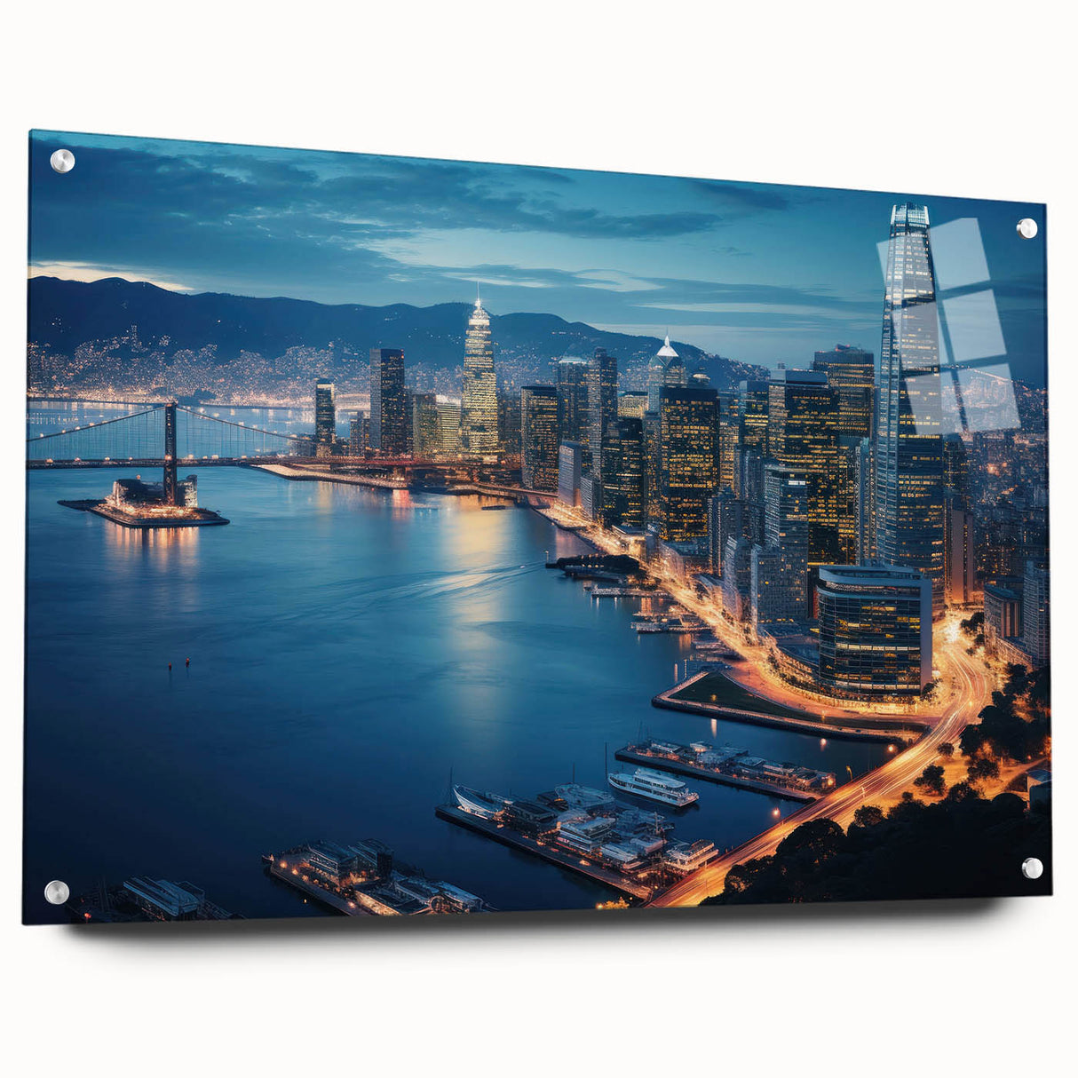 Acrylic print of San Francisco skyline in muted gray and blue tones, suitable for bedroom or dining room decor.
