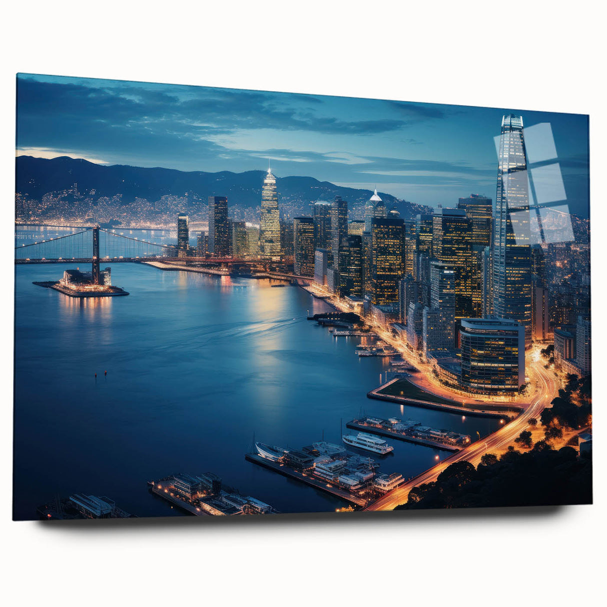Acrylic print of San Francisco skyline in muted blue tones, ideal for bedroom or dining room art.