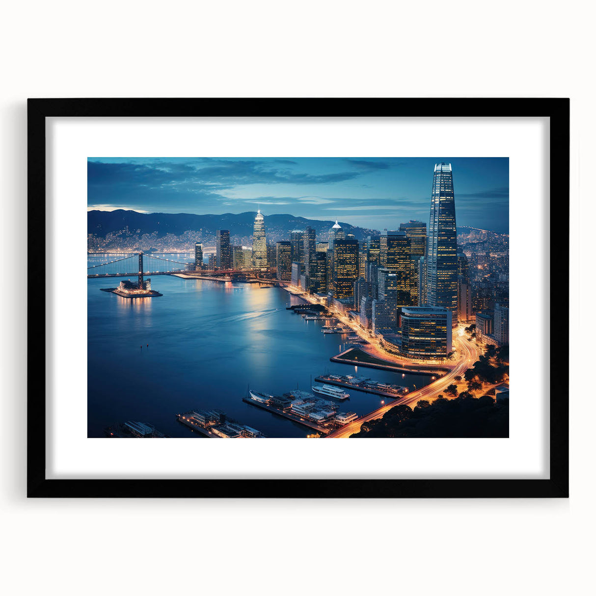 Extra large abstract art print of San Francisco skyline in vibrant colors on a black framed canvas.