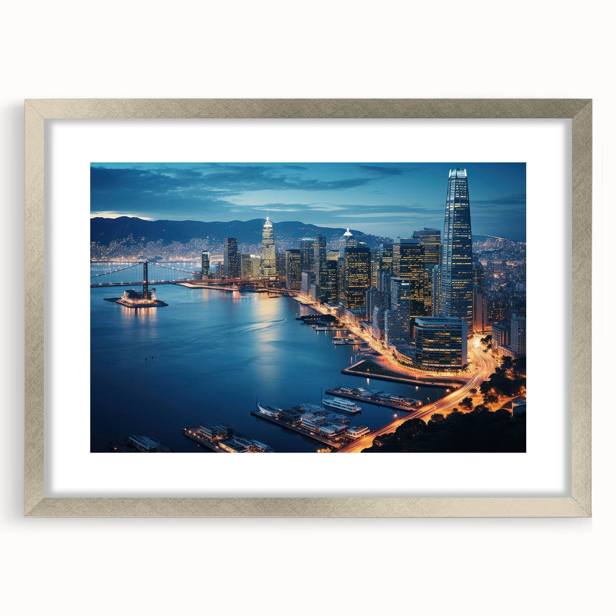 Textured abstract art print of San Francisco skyline in muted gray and blue tones, framed in silver.