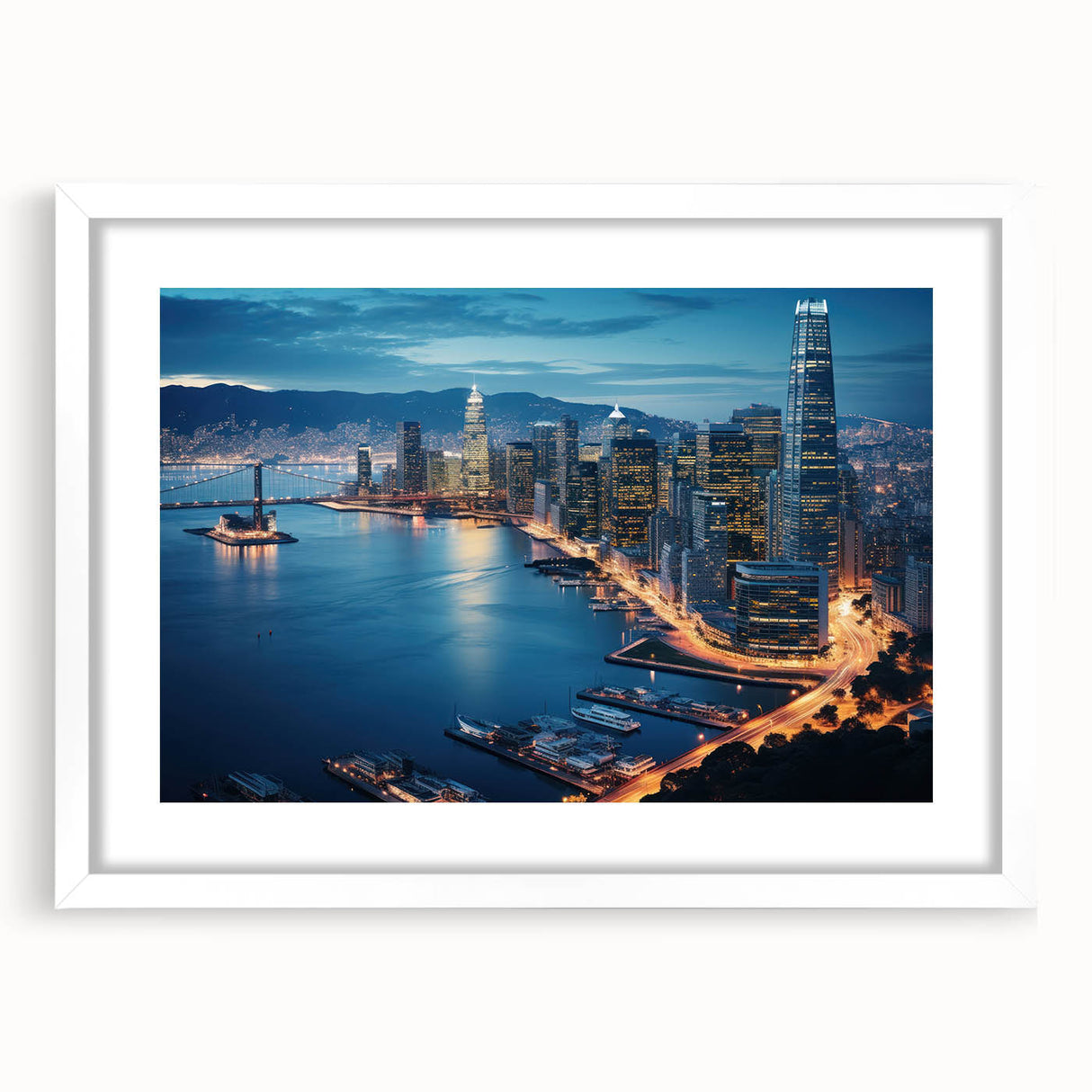 Abstract art print of San Francisco skyline in muted gray and blue tones on a framed white mat, ideal for dining room decor.