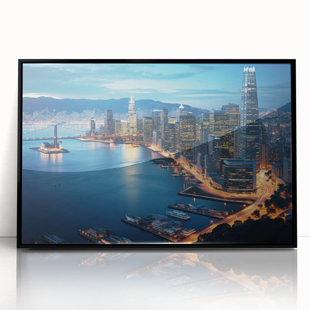 Large abstract wall art depicting San Francisco's skyline in muted gray and blue tones, framed acrylic.