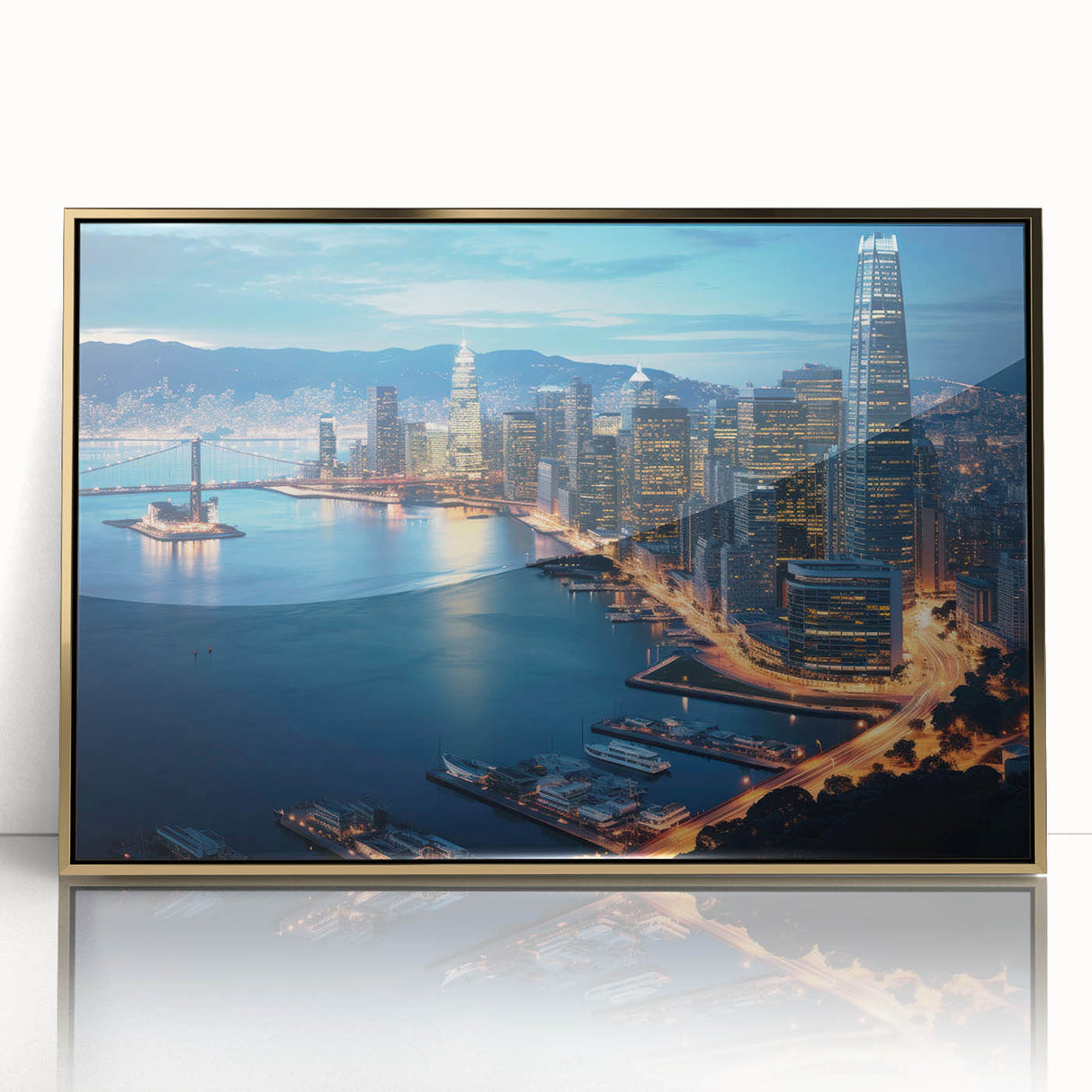 Framed acrylic print of San Francisco skyline in mid-century modernist style with gold accents.