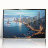 Mid-century modernist art depicting San Francisco skyline in muted blue tones on a silver-framed acrylic print.