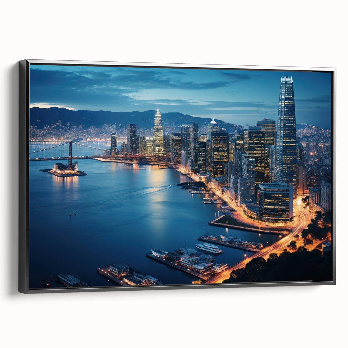 Black and white wall art featuring a vintage-style San Francisco landscape on framed canvas, ideal for bedroom decor.