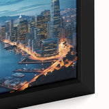 Extra large framed canvas of San Francisco skyline in black with colorful, textured detailing, ideal for living room decor.