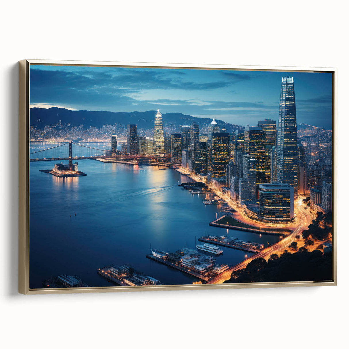 Framed canvas featuring a vintage-style landscape painting of the San Francisco skyline in black and gold tones.