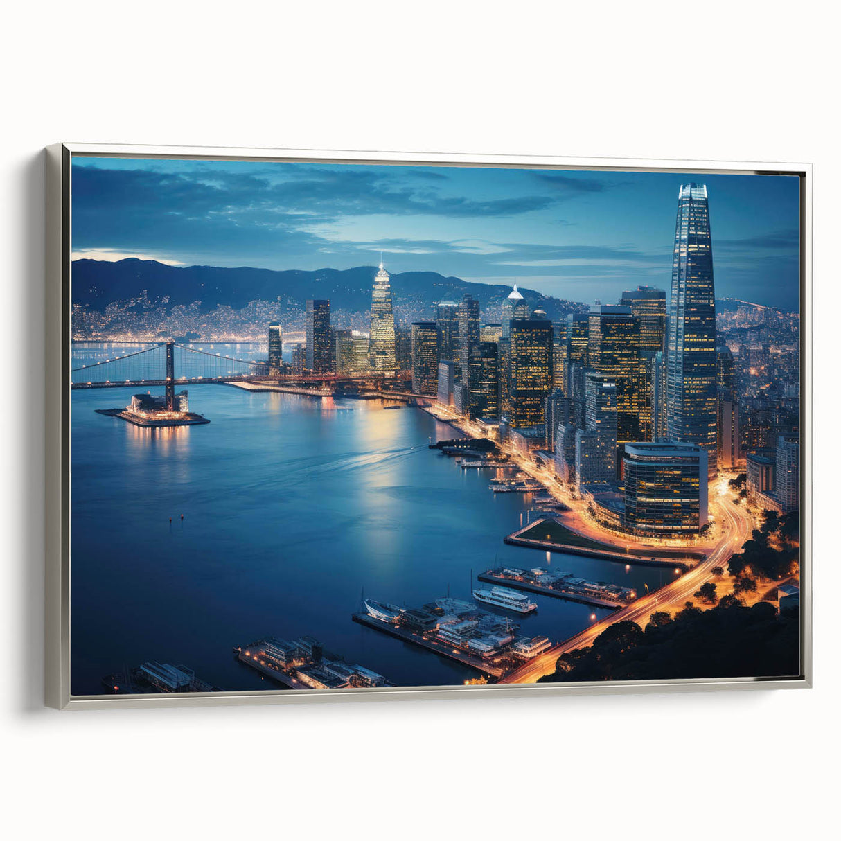 Landscape art painting of San Francisco skyline, featuring colorful art on black framed canvas, ideal for office decor.