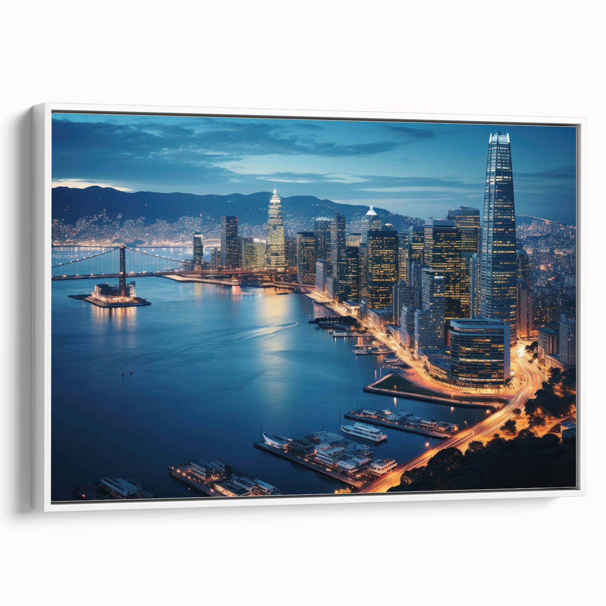 Vintage poster art of San Francisco skyline in vibrant colors on a large framed canvas, ideal for living room decor.