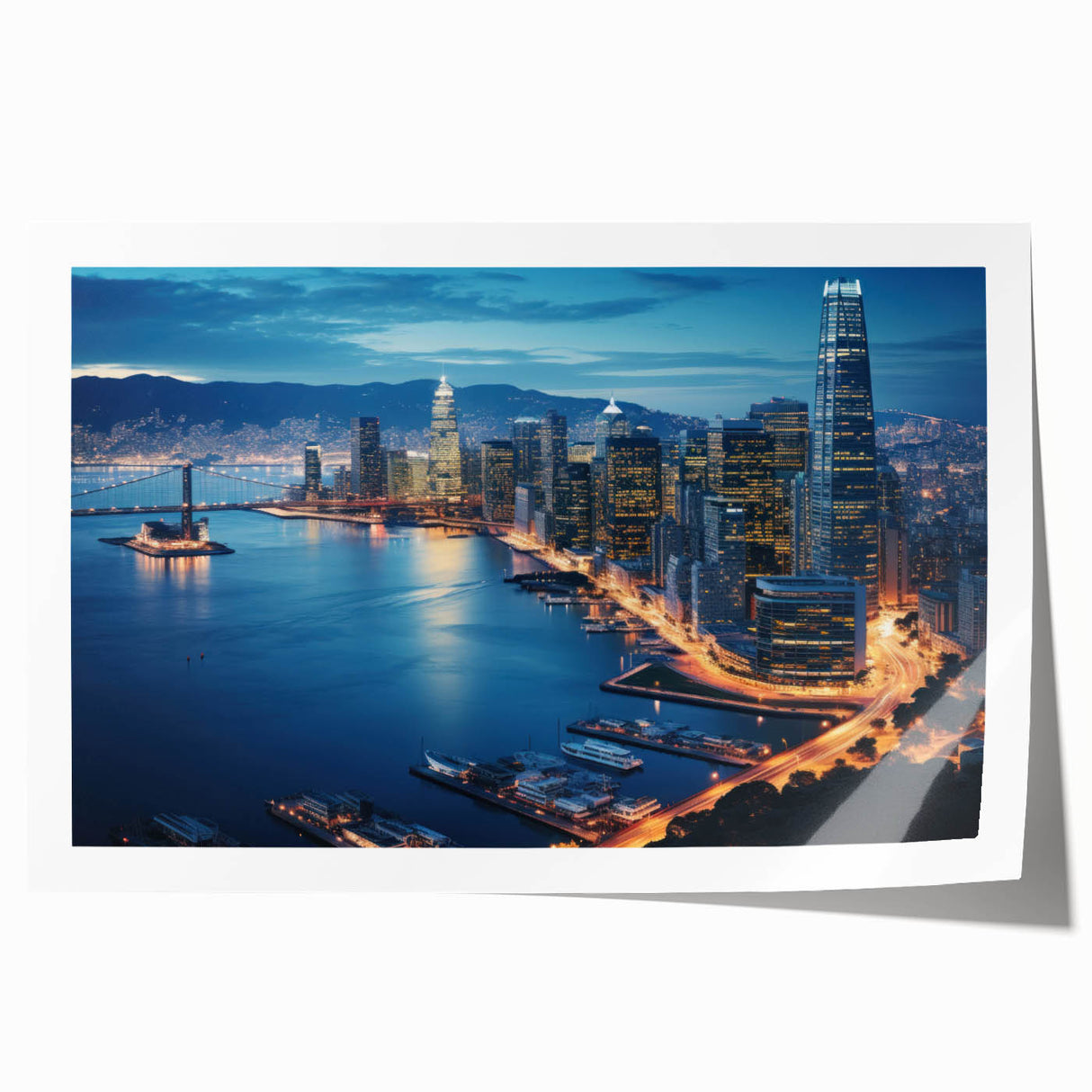 Rolled print of San Francisco scenery in muted blue and gray tones, ideal for art wall dining room.