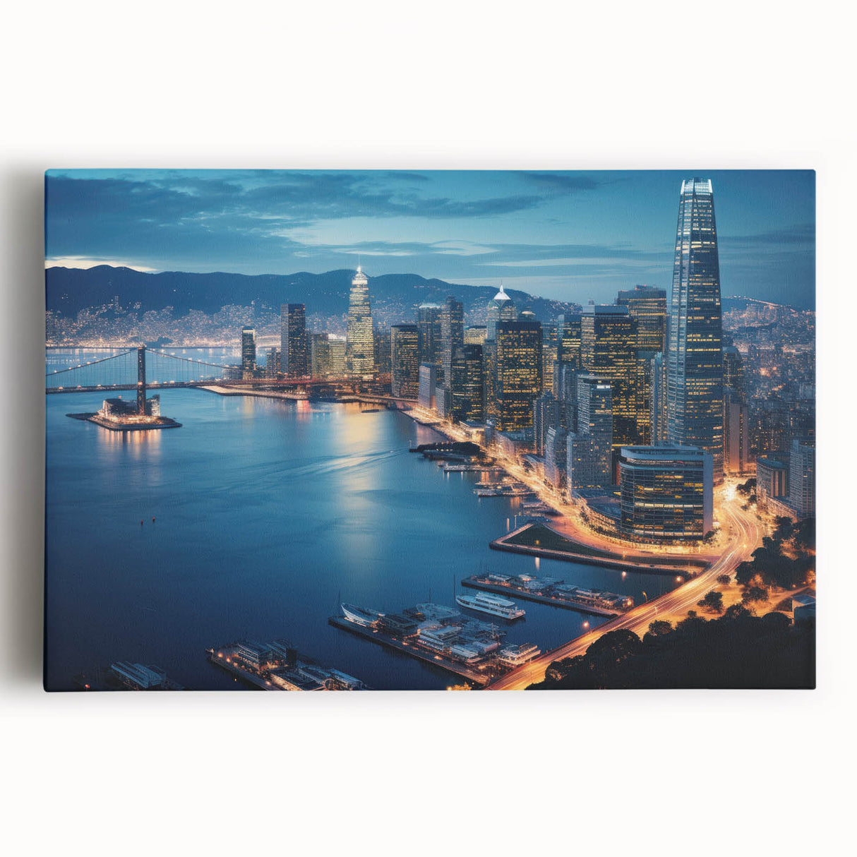 Black and white stretched canvas of San Francisco skyline, ideal for kitchen wall art.