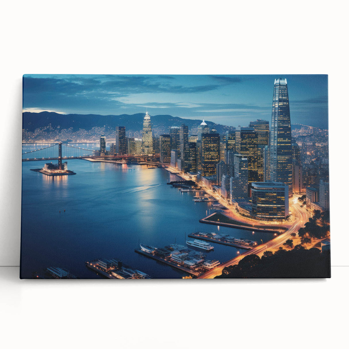 Black and white stretched canvas of San Francisco skyline, ideal for kitchen wall art or bedroom decor.