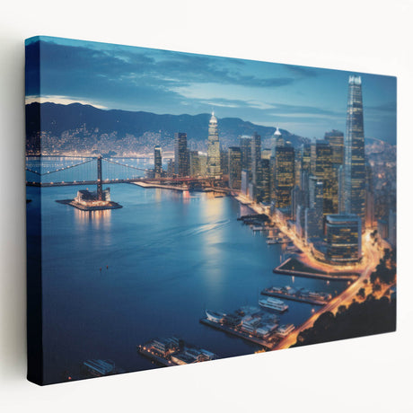Stretched canvas print of San Francisco skyline in muted blue and gray tones, suitable for kitchen wall art.