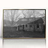 Delaware landscape in mid-century modernist style, framed acrylic with muted gold and green tones.