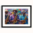 Colorful abstract art print of New Orleans scenery in vibrant shades, displayed in a black frame with mat.