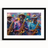Colorful abstract art print of New Orleans scenery in vibrant shades, displayed in a black frame with mat.