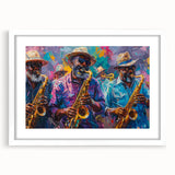 Abstract art print of New Orleans with vibrant colors on a white framed canvas, suitable for dining room decor.