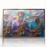 Acrylic print of New Orleans cityscape in gold tones, framed, mid-century modernist style, ideal for modern art wall decor.