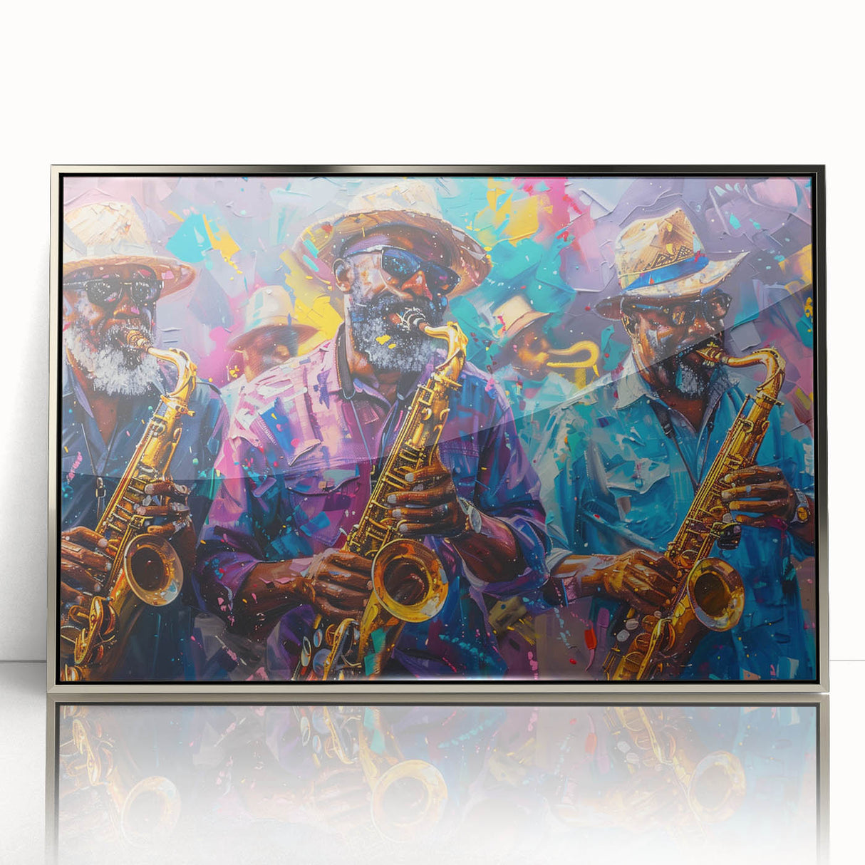 Mid-century modernist art depicting New Orleans skyline in muted gray tones on a silver-framed acrylic print.