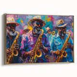 Framed canvas wall art featuring a vintage-style landscape painting of New Orleans, with muted gold and black tones.