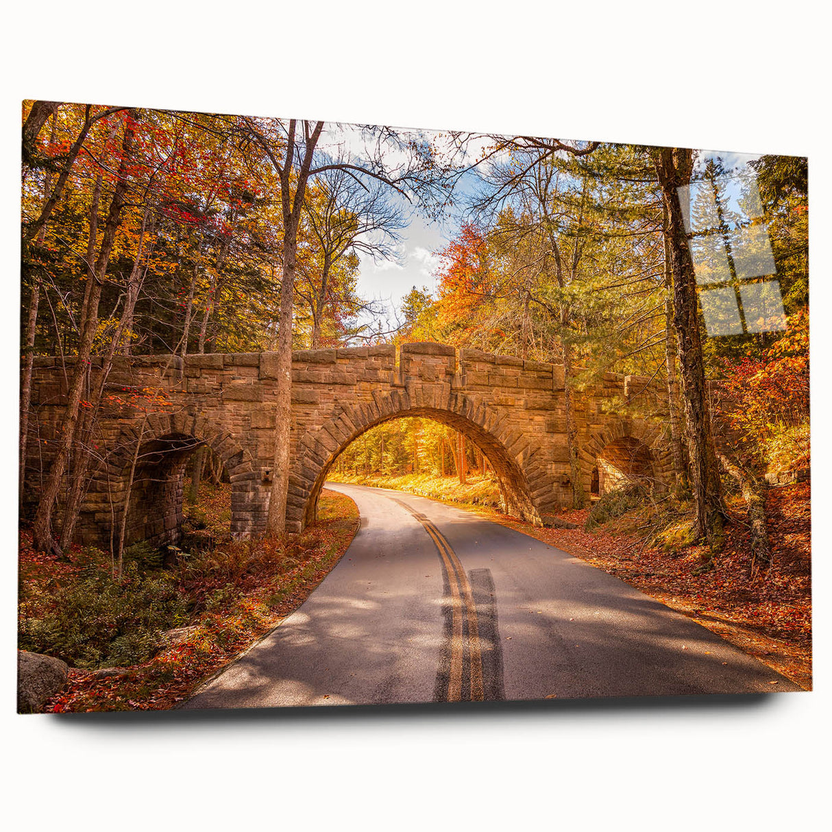 Large abstract wall art depicting the Acadia landscape in Maine with vibrant green and blue tones on acrylic glass.