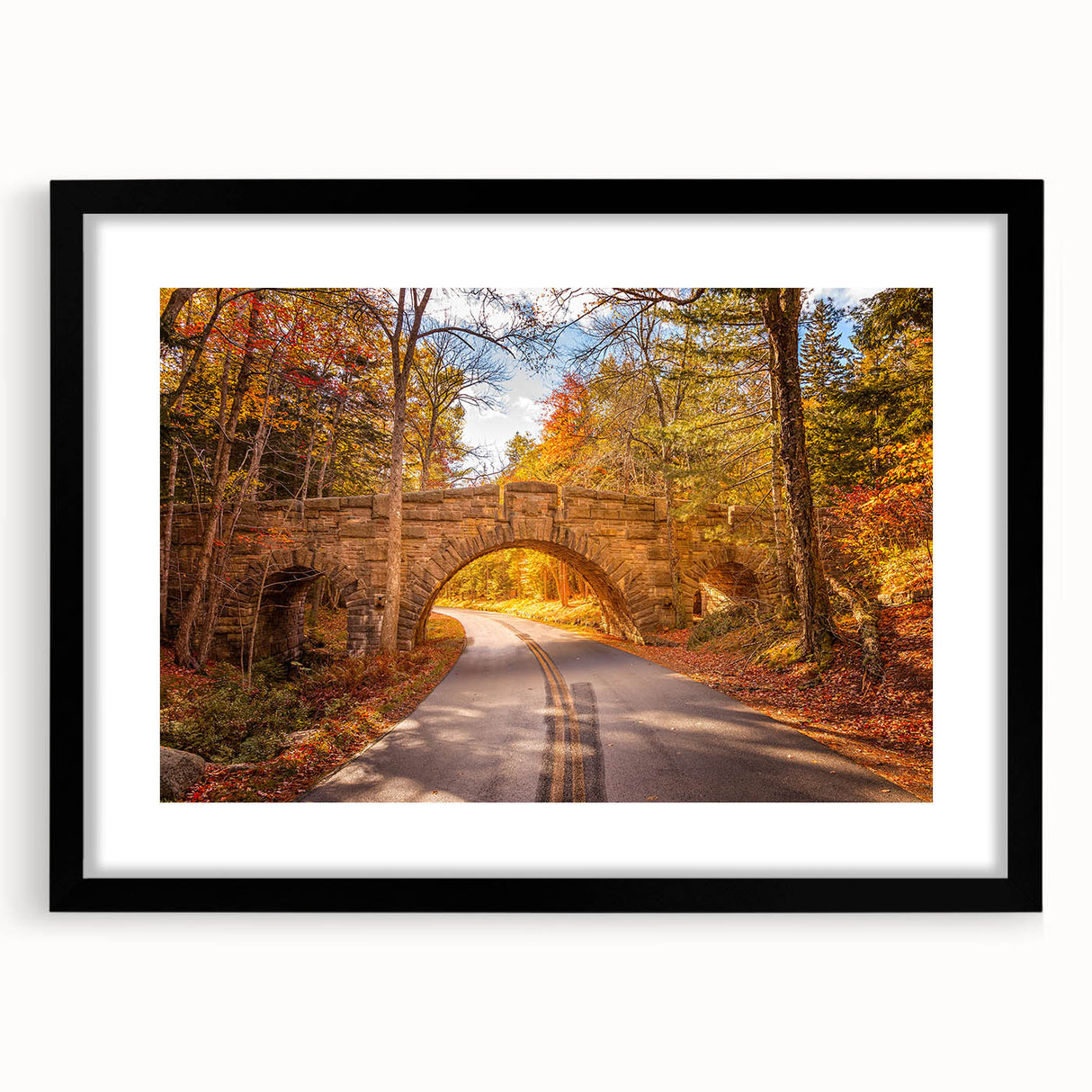 Colorful abstract art print of Acadia, Maine, in vibrant hues on a large framed canvas, ideal for living room decor.